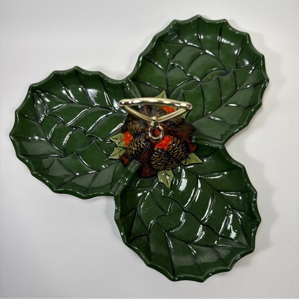 Holly Leaf Design Green Serveware Tray 3 compartment holiday Christmas dish - Picture 5 of 11